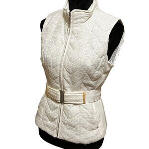 White House Black Market Quilted White Vest with Belted Waist Silver Thread XS